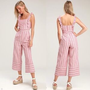 Lulu's Red and White Striped Ruffle Strap Jumpsuit Sz M